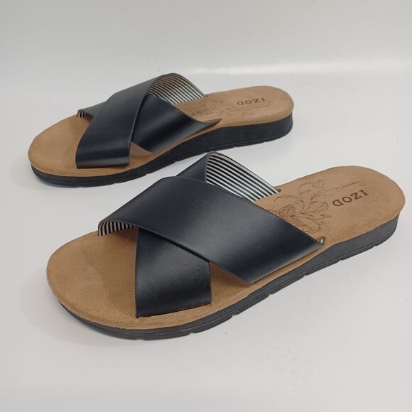 IZOD Sandals Black Tan Alyssa Criss Cross Slip On Open Toe Flats Womens 6 M - Picture 7 of 15